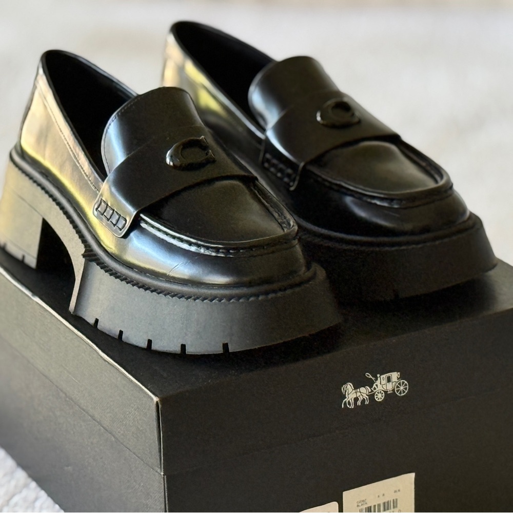 COACH LEAH PLATFORM LEATHER LOAFERS BLACK IN BOX SIZE 8 8m